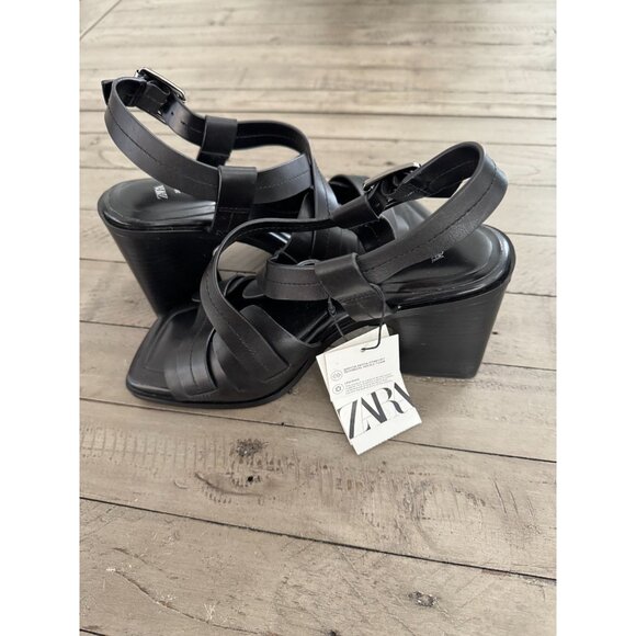 NWT ZARA Black Leather Block Heel Strappy Heeled Sandals Size 38 8 - Picture 6 of 8